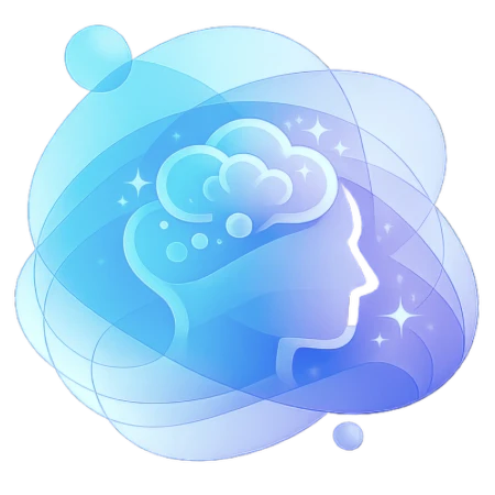 3D illustration of a human head silhouette with a glowing brain, rendered in soft purple and teal gradients with floatin