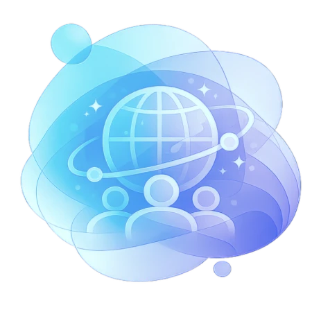 3D illustration of a wireframe globe with latitude and longitude lines, rendered in teal with floating sparkles and ethe